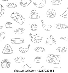 Asian food seamless pattern design. Outline vector illustration of dumplings, sushi, onigiri, tempura shrimps and cabbage rolls