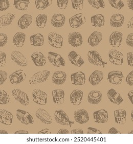 Asian food seamless pattern with different types of sushi, sashimi and rolls with salmon fish, caviar, nori, rice, crab, prawn. For food menu design, food and drink background, Japanese cuisine.