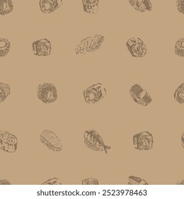 Asian food seamless pattern with different types of sushi, sashimi and rolls with salmon fish, caviar, nori, rice, crab, prawn. For food menu design, Japanese food background.