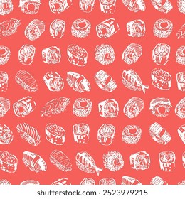 Asian food seamless pattern with different types of sushi, sashimi and rolls with salmon fish, caviar, nori, rice, crab, prawn. For food menu design, Japanese food background.