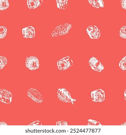 Asian food seamless pattern with different types of sushi, sashimi and rolls with salmon fish, caviar, nori, rice, crab, prawn. For food menu design, Japanese food background.