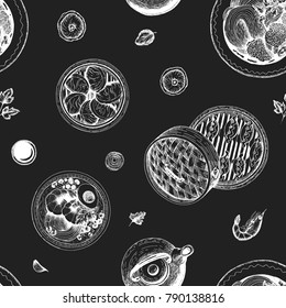 Asian food seamless pattern. Food menu background. Sketch vector illustration. Engraved style.