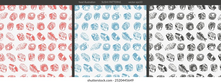 Asian food seamless pattern set with different types of sushi, sashimi and rolls with salmon fish, caviar, nori, rice, crab, prawn. For food menu design, food and drink background, Japanese cuisine.