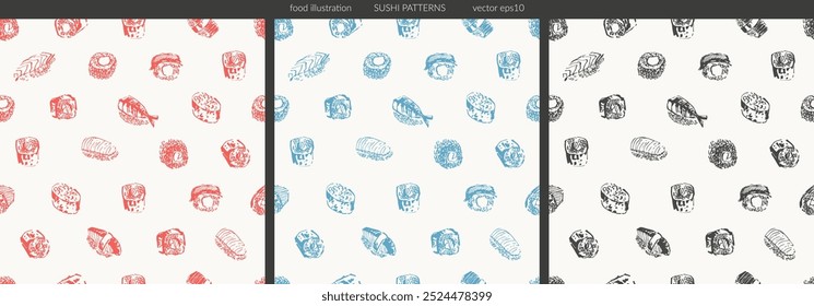 Asian food seamless pattern set with different types of sushi, sashimi and rolls with salmon fish, caviar, nori, rice, crab, prawn. For food menu design, Japanese food  background.