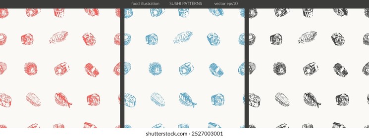 Asian food seamless pattern set with different types of sushi, sashimi and rolls with salmon fish, caviar, nori, rice, crab, prawn. For food menu design, Japanese food and drink background.