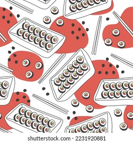 Asian food seamless pattern with sushi and chopsticks. Stylish cartoon doodle style seamless background with colorful spots, dots and sushi maki or kimbap set in big plate. Korean or Japanese food