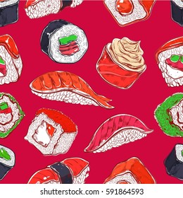 Asian food seamless pattern. Vector hand drawn colorful illustration. Sushi