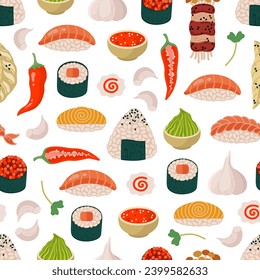 Asian food seamless vector pattern. Tasty Japanese and Korean snacks - onigiri, nigiri, sushi, gyoza, rolls. Spicy seasonings - garlic, wasabi, hot pepper, sriracha. Flat cartoon background for print