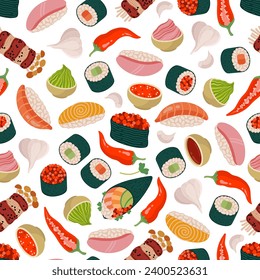 Asian food seamless vector pattern. Japanese and Korean snacks with seafood - gunkan, nigiri, sushi maki. Spicy ingredients - garlic, wasabi, hot pepper, sriracha, soy sauce. Flat cartoon background