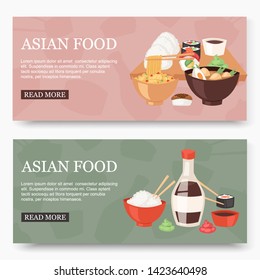 Asian food set of banners vector illustration. Traditional national dishes for menu, advertisement. Asian cuisine with noodles, soup, sushi with sauce and rice web design.