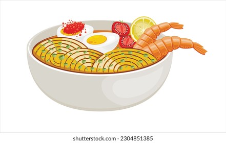 Asian Food Set. Food Bowl with seafood. Japanesse restaurant Menu Design Elements Isolated on White Background. Ramen Noodles


