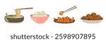 Asian food set. Chinese traditional cuisine with various dishes. Vector hand drawn flat illustration. Noodles, rice balls, meatballs, shrimps on a plate with chopsticks isolated on white