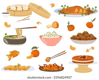 Asian food set. Chinese traditional cuisine with various dishes. Vector flat illustration. Gyoza, grilled fish, noodles, rice balls, meatballs, spring rolls, shrimps, rice cake isolated on white