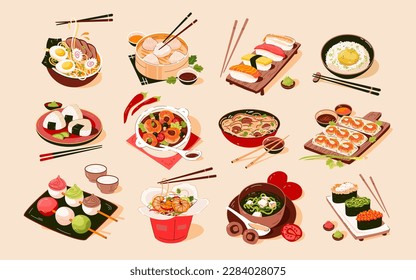 Asian food set. Asian cuisine with various dishes. Vector flat illustration
