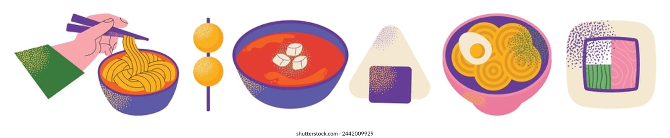 Asian food set. Asian cuisine with various dishes noodles, sushi, dumplings, soup, mochi, and condiments. Vector flat illustration isolated on background