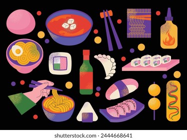 Asian food set. Asian cuisine with various dishes noodles, sushi, dumplings, soup, mochi, and condiments. Vector flat illustration isolated on background