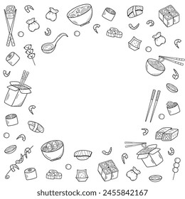 Asian food set doodle style. Vector illustration of Japanese Chinese Taiwanese cuisine menu for restaurants.