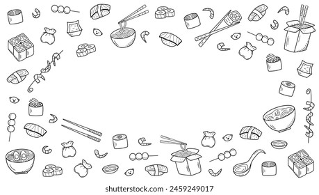 Asian food set doodle style. Vector illustration of Japanese Chinese Taiwanese cuisine menu for restaurants.