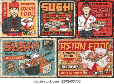 Flyer mit asiatischen Lebensmitteln, bunt mit Sushi und Brötchen oder Paste und Köche aus China oder japan, Vektorgrafik