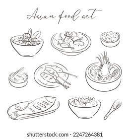 Asian food set with hand drawn meals