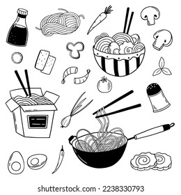 Asian Food Set. Asian Japanese and Chinese traditional food. Traditional Japanese ramen soup in a bowl, Japanese noodle, Wok pot. Vector illustration for doodle style. Menu for restaurant, cafe.