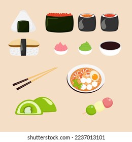 Asian food set. Japanese traditional food.  Vector illustration.