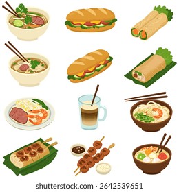 Asian Food Set Noodles with Soup, Sandwich, and Rolls.