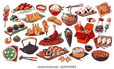 Comida asiática em estilo retrô. Sushi de frutos do mar e sashimi, macarrão de ramen e molho de soja, camarão tempura. Mascote da cozinha asiática, cozinha japonesa e chinesa caricatura menu restaurante ilustração vetor
