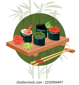 Asian food. A set of sushi on a traditional wooden plate and set of chopsticks. Different types of gukana, sauce, wasabi. Beautiful white background with bamboo and green sun. menu and poster concept