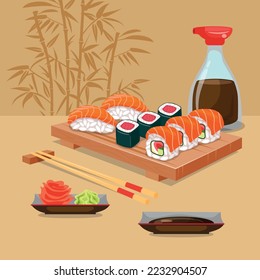 Asian food. A set of sushi on a traditional wooden plate and a set of chopsticks. Sushi, rolls, nigiri, sauce, wasabi. Beautiful brown background with bamboo. concept for menu and poster, banner