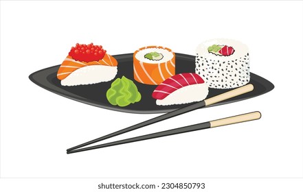Asian Food Set. Sushi Roll Set. Soy Sauce. Japanese Food Concept