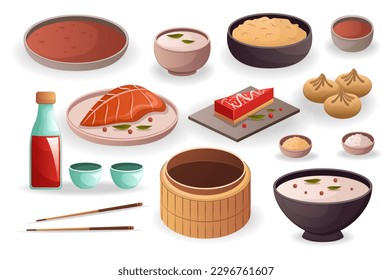 Comida asiática. Un conjunto de diseño plano y caricaturizado con varios platos de cocina asiática. Ilustración vectorial.