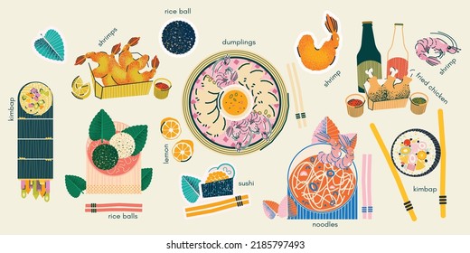 Asian food set. Vector illustration with kimbap, shrimp tempura, dumplings, sushi, noodles, fried chicken, rice balls 