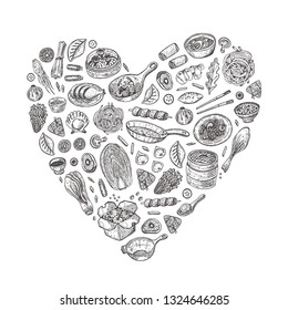 Asian food in the shape of a heart. Sweet and sour. Chinese oriental food. Hand drawn vector illustration. Can be used for cafe, market, shop, barbeque, bar, restaurant, poster, label, sticker, logo