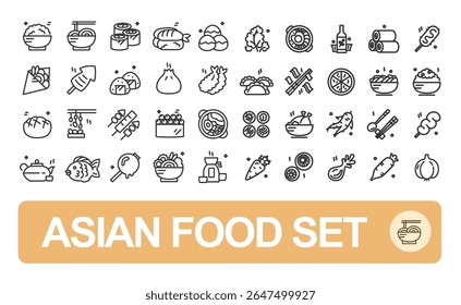 Asian Food Sign Black Thin Line Icon Set Include of Japanese, Chinese and Korean Cuisine. Vector illustration of Icons
