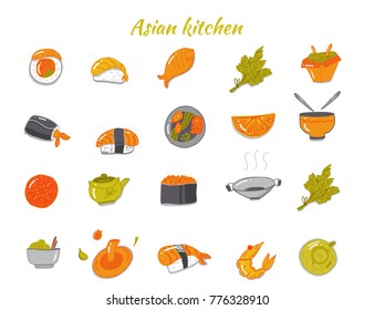 Asian food sketch icon set. Chinese and Thai restaurant food. Oriental design isolated on white background with shrimp, wok, noodle