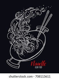 Asian food. Sketch wok pan of chinese noodles, shrimp, pepper and mushrooms. Hand-drawn illustration