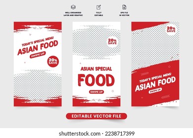 La plantilla de historia de los medios sociales de comida asiática tiene un diseño con colores rojo y blanco. Colección de plantillas de historia especial para el menú de comida del restaurante.  Diseño de banner web promocional de comida asiática para marketing.