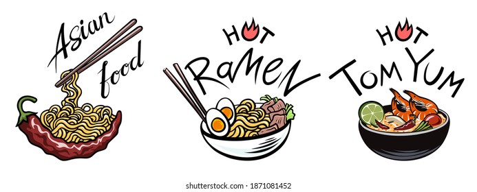 Asian food, soup, Ramen noodles, Tom Yam, etc., Soups, Oriental dishes. Spicy national dish of Thailand, Japan, Korea, Vietnam, China, etc. Dish with chopsticks. Vector isolated on a white.