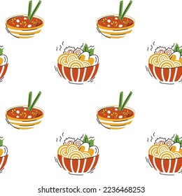 Asian food, soup, Ramen noodles, Tom Yam. Seamless pattern. Soups, Oriental dishes. Vector illustration in hand drawn style