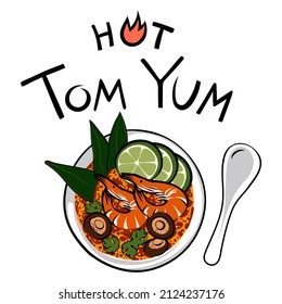 Asian food, soup, Tom Yam. Ramen noodles, oriental dishes. Spicy national dish of Thailand, Japan, Korea, Vietnam, China, etc. Dish with chopsticks. Isolated on a white.