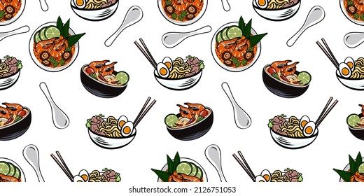 Asian food, soup, Tom Yam. Ramen noodles, Oriental dishes. Seamless background. Spicy national dish of Thailand, Japan, Korea, Vietnam, China, etc. A dish with chopsticks. 