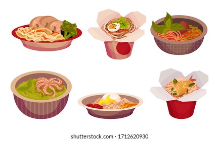 Asian Food with Spicy Noodle and Soup in Carton Boxes and Bowls Vector Set