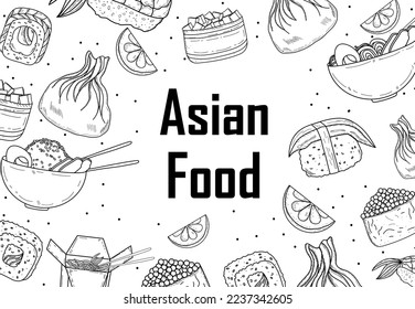 Asian food. Spring rolls, sushi, wok, spaghetti, Japanese food, lemon, caviar, shrimp, fish. Food in black and white stroke style. Vector stock illustration. White background. Songpyeon. Set