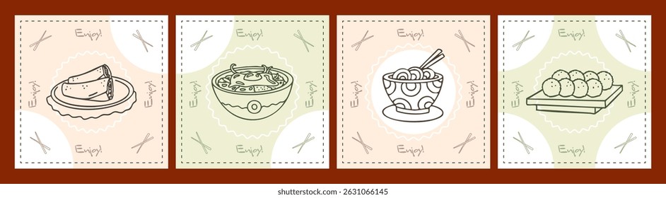 Asian food square cards with freehand drawing, graphic line art dishes, rolls, ramen, noodles and meat balls, cafe advertise. Cover designs, napkins, restaurant menu's art. Vector illustration.