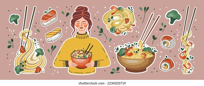 Asian food stickers. Girl with rice bowl. Udon or ramen soup, noodles, sushi, and bowl. Suitable for restaurant banners, logos, and fast food advertisements. Seafood.
