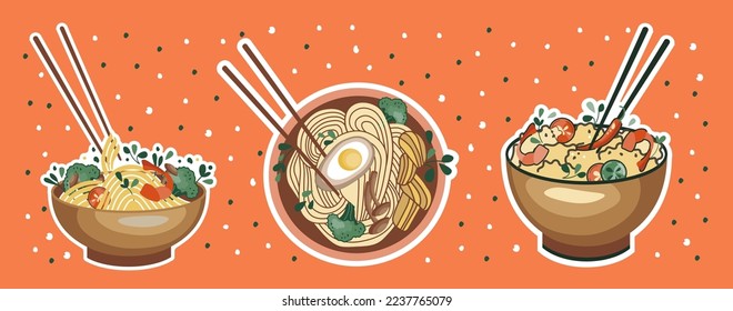 Asian food stickers. Udon or ramen soup. Noodles and rice with seafood. Suitable for restaurant banners, logos, and fast food advertisements. Korean or Chinese food.