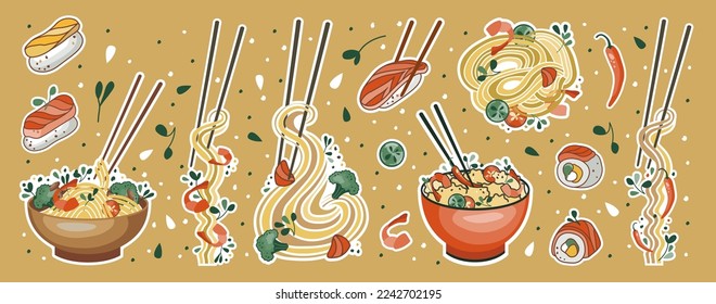 Asian food stickers. Udon or ramen soup, noodles, sushi, and bowl. Suitable for restaurant banners, logos, and fast food advertisements. Seafood.