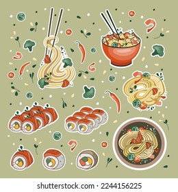 Asian food stickers. Udon or ramen soup, noodles, sushi, and bowl. Suitable for restaurant banners, logos, and fast food advertisements. Seafood.