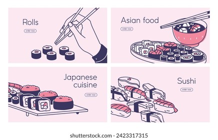 Asian food, Sushi bar, Japan restaurant, web banners designs set. Japanese cafe, eating, dishes, websites, pages background templates with susi, rolls, soup, chopsticks. Flat vector illustrations